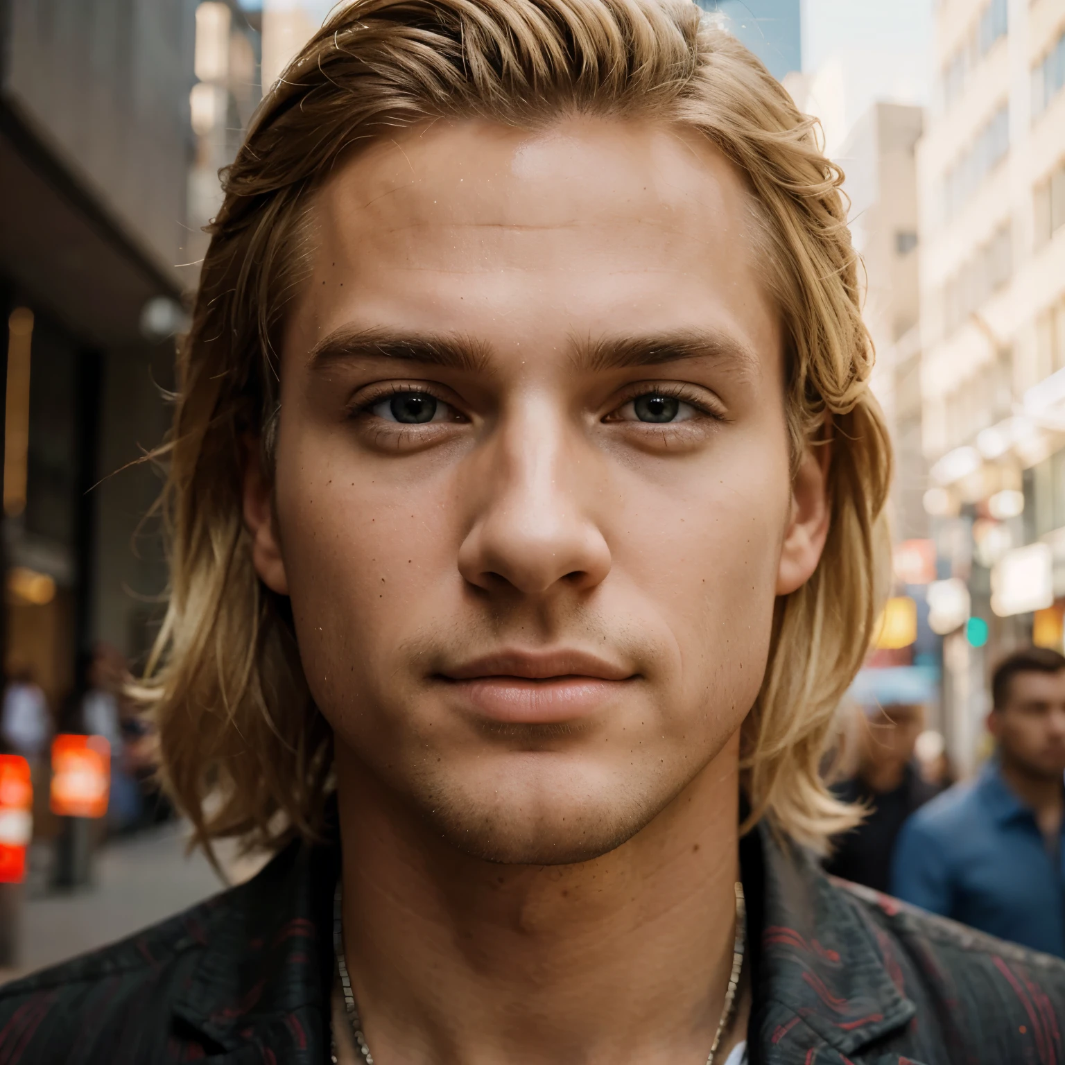 handsome man, blond hair, vibrant, artistic, detailed facial features, confident expression, stylish fashion, urban background, natural lighting, high resolution, vivid colors.