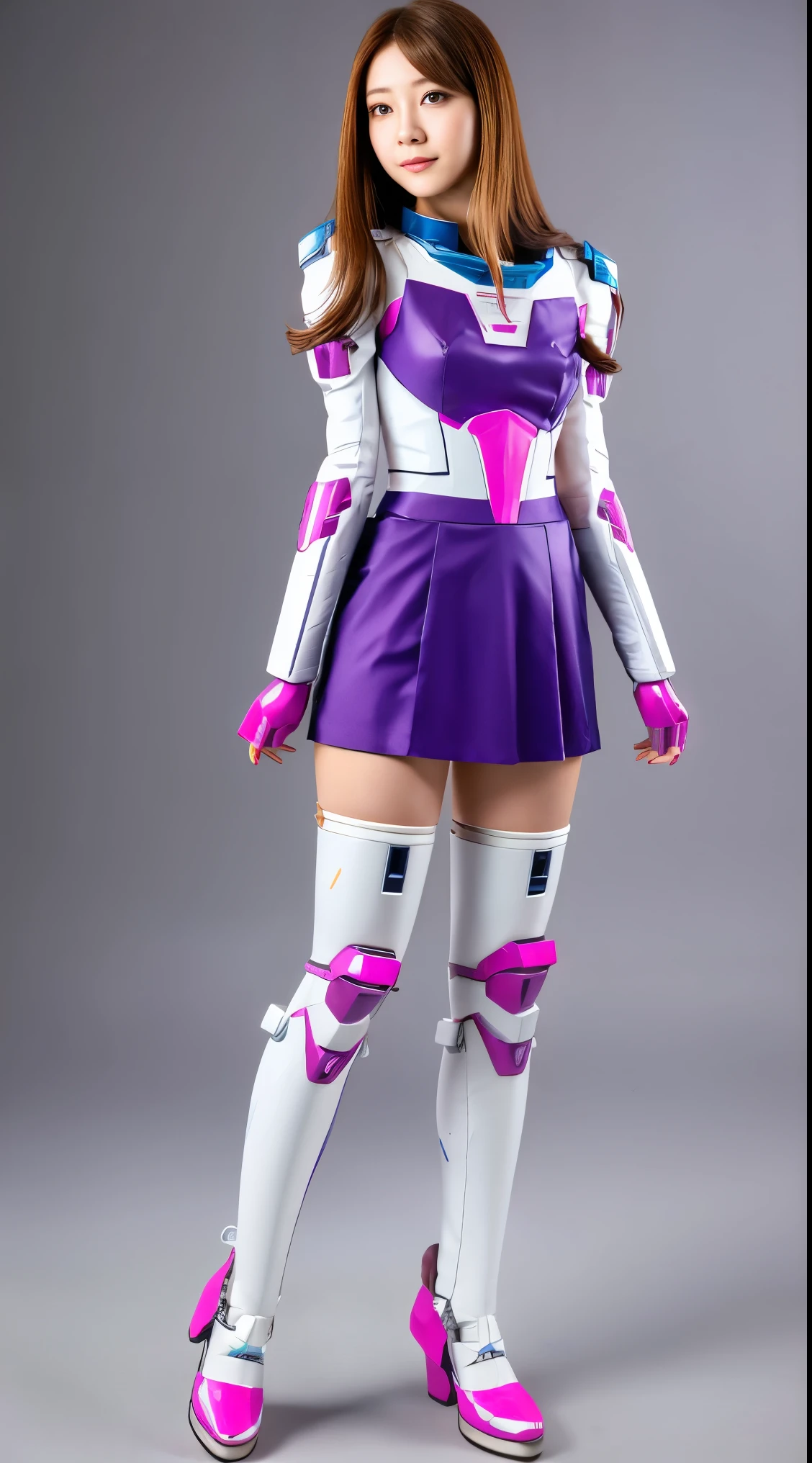 RAW, Masterpiece, Ultra Fine Photo,, Best Quality, Ultra High Resolution, Photorealistic, Sunlight, Full Body Portrait, Stunningly Beautiful,, Dynamic Poses, Delicate Face, Vibrant Eyes, (Side View) a close up of a woman in a pink and white gundam custume, dybamic pose, long brown very very long hair rapunzel, girl in mecha cyber armor, portrait armored astronaut girl, d. va from overwatch, female mecha, on a gundam, gundam head, chiho aoshima color scheme, mobile suit, streamlined purple armor, fully robotic!! girl, realistic cosplay, gundam armor (dynamic pose) (best cameraview), full body