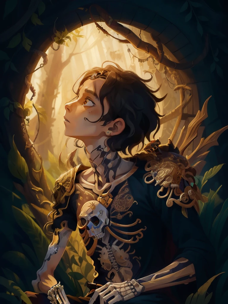 In the captivating world of this artistic masterpiece, a skeletal monarch, circa 15-17 years old, with messy, low-hanging curls and neglected locks gazes thoughtfully over his shoulder. His vibrant soccer uniform, adorned with the colors of his cherished team, contrasts starkly with his gaunt appearance, showcasing the paradoxical fusion of youthful exuberance and ancient wisdom. The painting, executed in exquisitely detailed realistic digital art, highlights the intricacies of his skeletal structure, emphasizing the ethereal nature of his being. As he sits atop an ornate, gothic throne, his