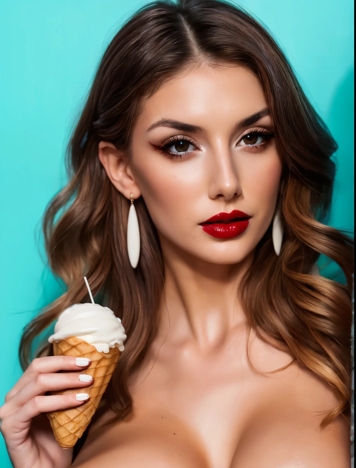 photo of naked woman showing breasts, naked, holding icecream (freckles:0.7), solo, jewelry, earrings, green eyes, looking at viewer, makeup, curly hair, lipstick, red hair, red lips, breasts in cream, solid blue wall on the background 