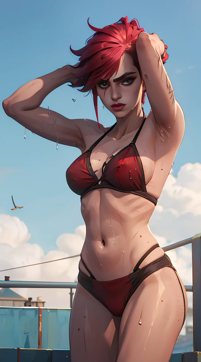 (masterpiece, Best quality, shiny skin), We from arcane, We, Red hair, short hair (red bikini,), sunny day, naked body, bare long legs, coming, sweating, armpits, higher, split, (Keen eyes, Ideal face and body), (Smooth skin, wet skin)