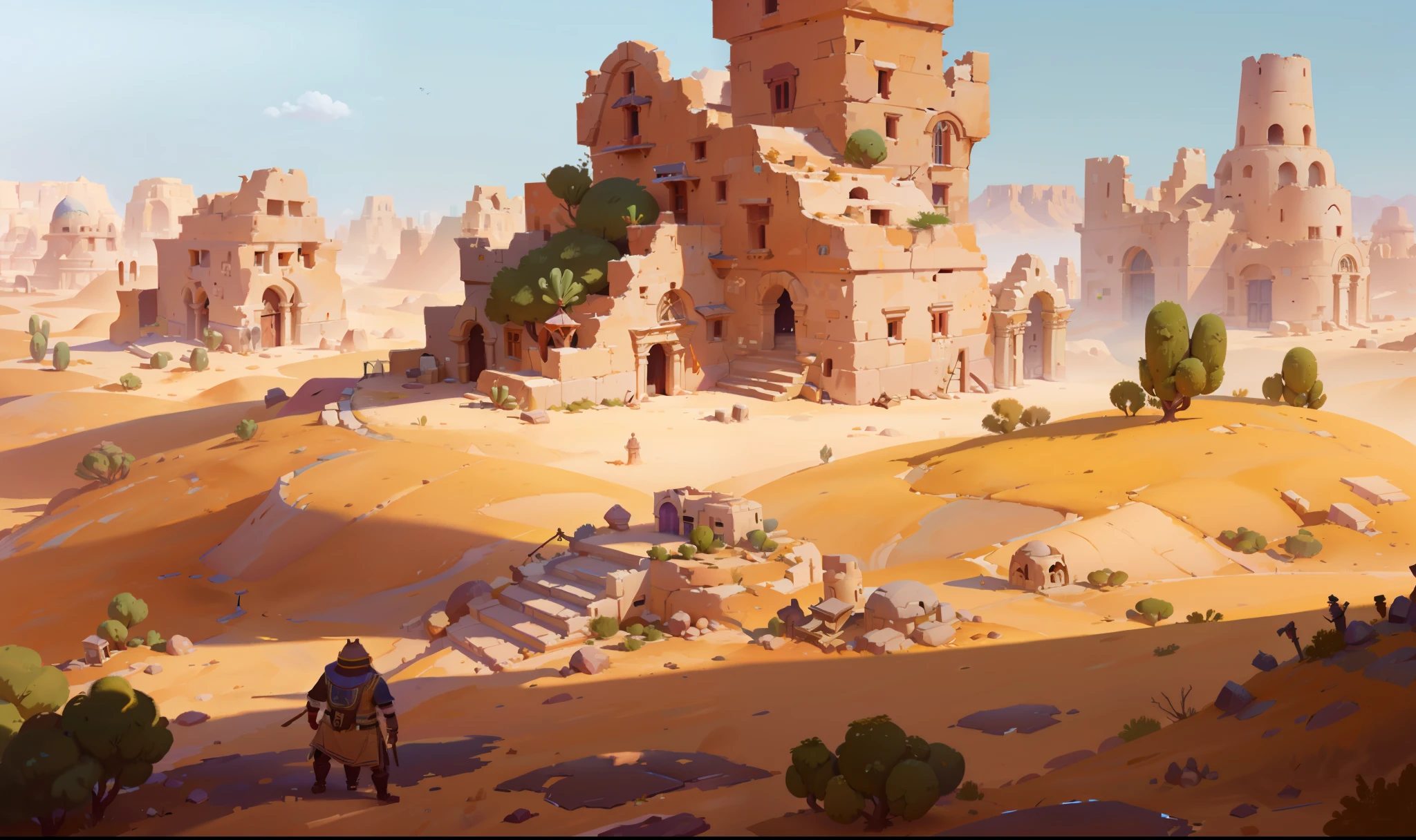 There are desert scene Egyptian architectural ruins, background art, Painted into game concept art, Stylized concept art, Background art, Desert Environment, Architectural Heritage Background, Digital Painting concept art, concept art, Sand and Desert Environment, concept art Style, Architectural Heritage, 2d concept art, Desert Wasteland, Environment, Landscape game concept art