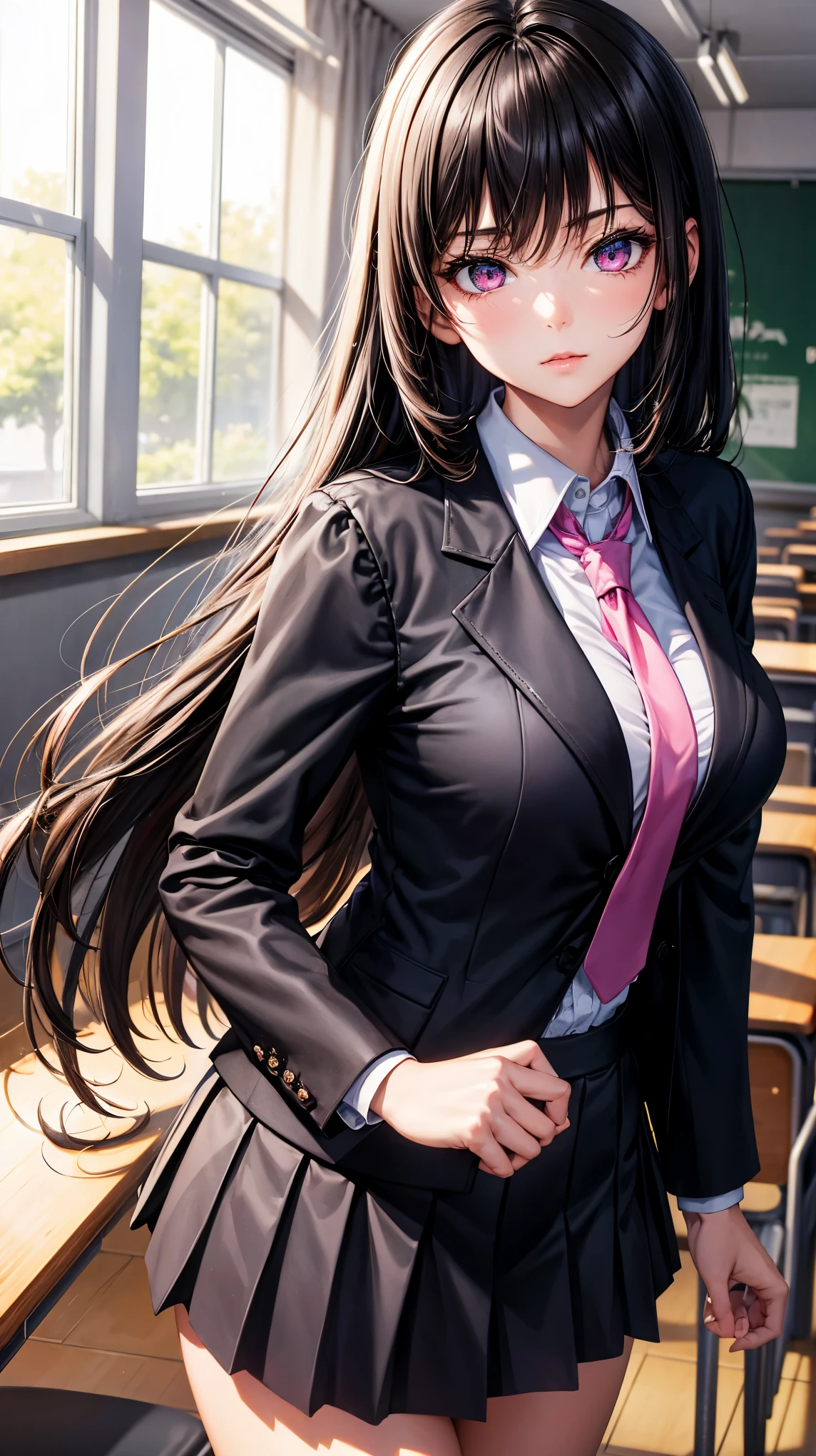 (best quality:1.1), (Masterpiece:1.2), High quality shadow, Beautiful details, Beautiful face, Detailed eyes, depth of field, High resolution, best shadow, best lighting, 1 girl, see viewers, black hair, smooth, blunt, long hair, pink eyes, shy, very big breasts, black short skirt, women's shirts, fashion suit jacket, pump, high school girl,rift, , classroom background, women's tie