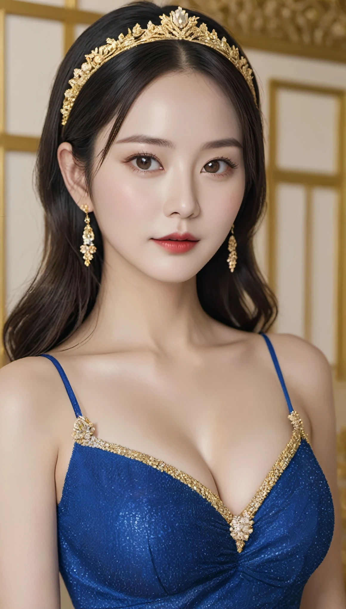 masterpiece,highest quality,higher rank,(美人woman_woman:1),(golden dress:1.3), (35 year old beauty:1.3),、big and full breasts big big breasts ,hyper real,I'In illusions, glittering palaces of europe.,美しいwoman,、セクシーなwoman、Delicate skin texture to the smallest detail、detailed blue eyes (very big big big tits)、中年美人woman、(((Fluffy long blonde hair)))、(((Very big, big, big cleavage)))、big cleavage、豪華に装飾されたgolden dress、Gorgeous and glamorous gold tiara、flashy gold high heels、Solid gold and jewelry necklaces and collars、Large gold earrings、bright red lips、豪華なgolden dressを着ている、Golden Long Globe、She is very beautiful、(Attend a lavish party)、
