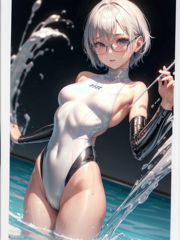 best image quality、8K、UHD、pieces fly、cute eyes、silver hair、Glasses、Latex high neck swimsuit、Latex high neck school swimsuit、short hair、短髪のsilver hair美女、wet skin、