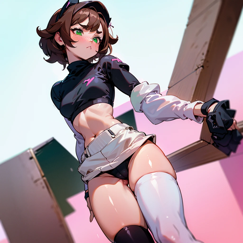 Short,thick,femboy,thunder thighs, brown hair,green eyes, pouting lightly, a small blush, wearing pink+black thigh high socks, black thongs, white crop top sweater.