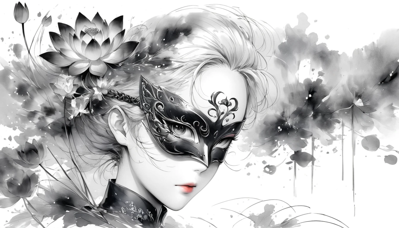 (Anime line drawing:1.5),(black and white painting:1.45),Minimalism,(line art:1.6),sketch,Charcoal drawing,mask,lotus