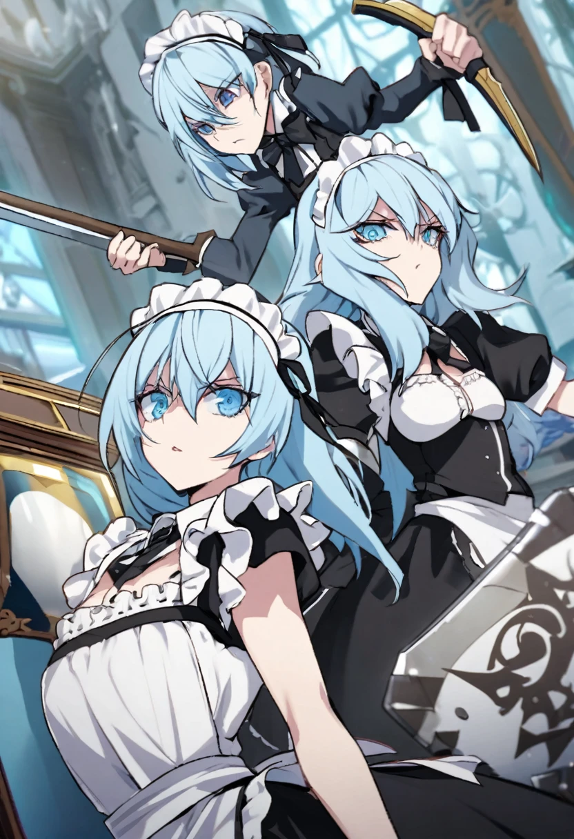 light blue hair light blue eyes Maid clothes battle ax Fighting Maid psychopath