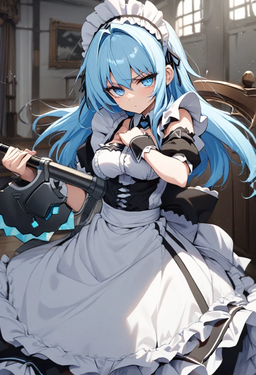 light blue hair　light blue eyes　Maid clothes　battle ax　Fighting Maid　psychopath