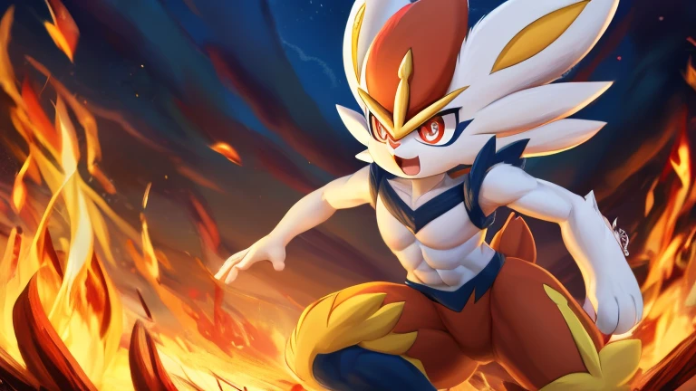 a close up of a person with a very big head and a very big body, fire type, official art, portrait of zeraora, by Kanbun Master, attractive matoi ryuko, (fire), fire!! full body, trending on devianart, badass pose, ❤🔥🍄🌪, ember, ryuko matoi, cinderace from pokemon,abs