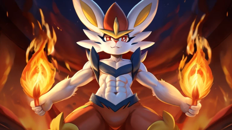 a close up of a person with a very big head and a very big body, fire type, official art, portrait of zeraora, by Kanbun Master, attractive matoi ryuko, (fire), fire!! full body, trending on devianart, badass pose, ❤🔥🍄🌪, ember, ryuko matoi, cinderace from pokemon,abs
