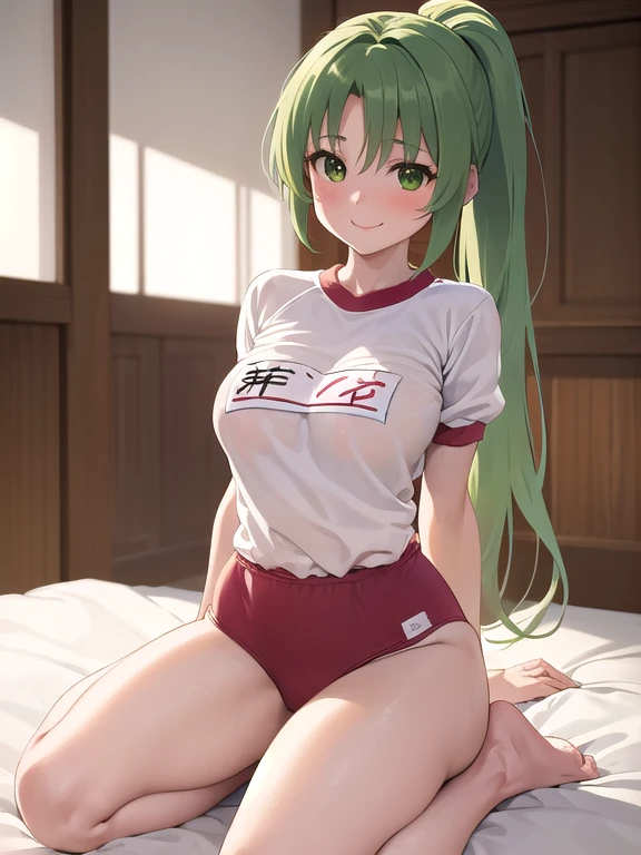 masterpiece, highest quality, Super detailed, 1 girl,  Mion Sonozaki, green hair, green eyes, ponytail, surprise、blush、normal chest、white gym uniform、red bloomers:1.3、(
barefoot)、dark blue socks、big smile、
sit、M-shaped opening:1.3、I'm on my knees:1.3、
