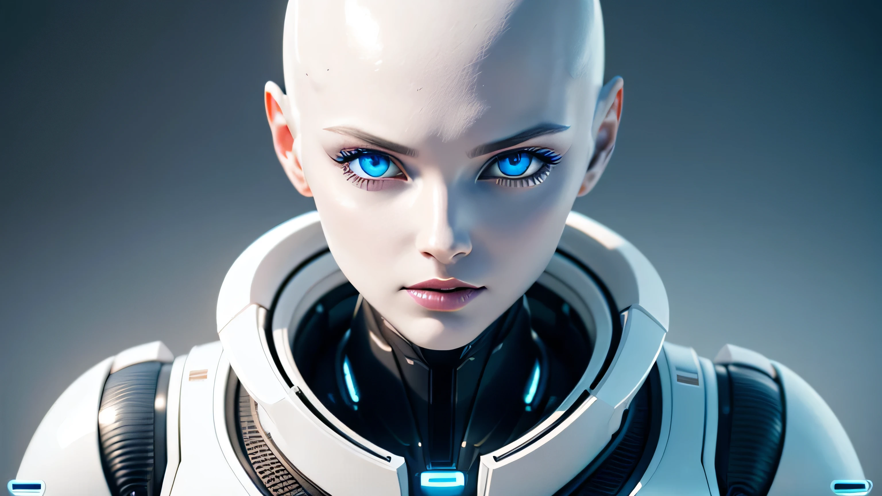 white polymer futuristic android. gynoid, pastel colors, neotech, sleek, photo of a beautiful (sweetlinda) (fembot), ((bald)) (plastic white android head) (perfect teeth), with blue eyes (upper body) (RAW photo), (high detailed skin:0.8), Ray Tracing, hyper realistic, dramatic, 8k uhd, dslr, soft lighting, high quality, film grain, Fujifilm XT3, (RAW photo), (high detailed skin:0.8)