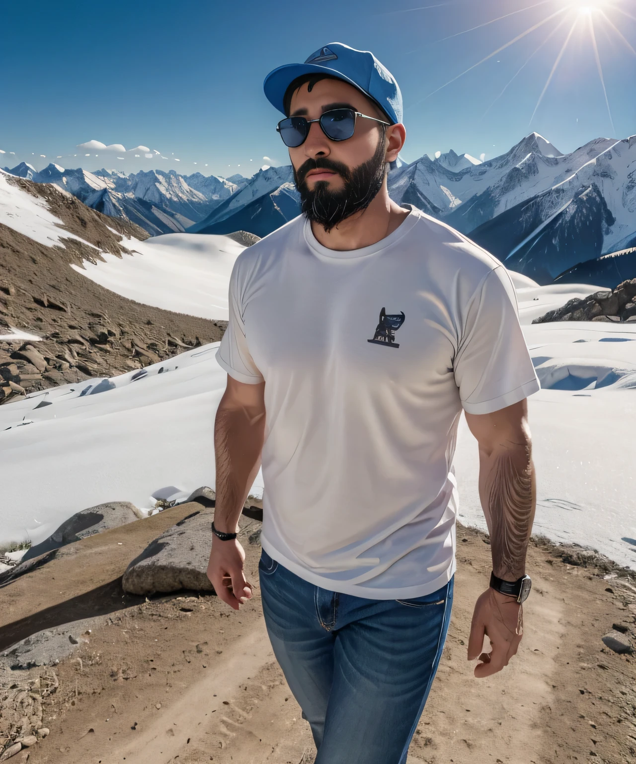 Parte superior del cuerpo, 38 year old man with beard and sunglasses. Hombre vistiendo playera blanca y gorra, walking on a snowy mountain.
