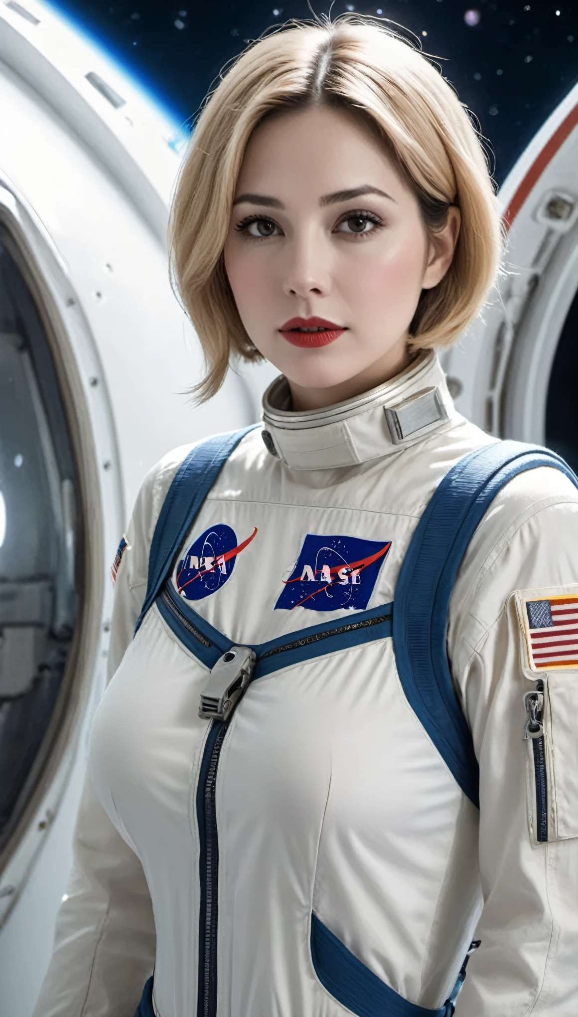 (((surreal woman)))、((very beautiful 30 year old white woman))、(((Big big cleavage)))、(((woman astronaut)))、(((Big big cleavage)))、
short hair、blonde mature、Chubby body type、beautiful expression、fine brown eyes、stay on a huge space station、red lips、(((Please put on your space suit)))、(((alone)))、