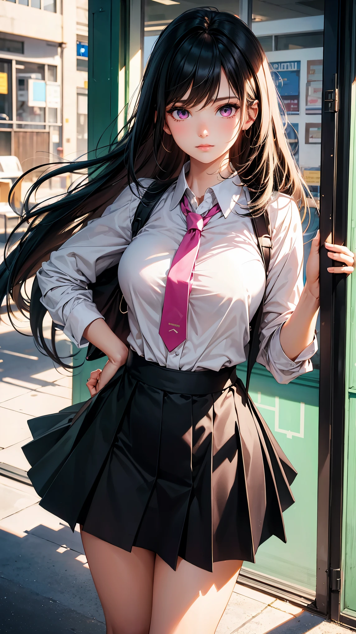 (best quality:1.1), (Masterpiece:1.2), High quality shadow, Beautiful details, Beautiful face, Detailed eyes, depth of field, High resolution, best shadow, best lighting, 1 girl, see viewers, black hair, smooth, blunt, long hair, pink eyes, shy, very big breasts, black short skirt, women&#39;s shirts, fashion suit jacket, pump, high school girl,rift, , classroom background, women&#39;s tie