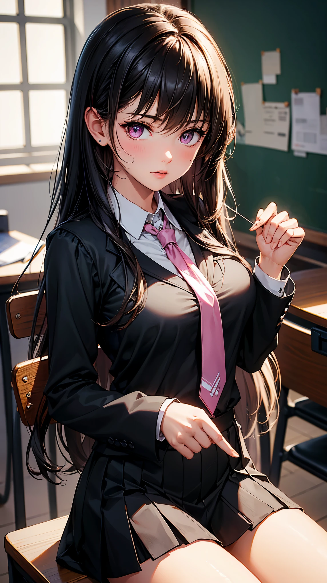 (best quality:1.1), (Masterpiece:1.2), High quality shadow, Beautiful details, Beautiful face, Detailed eyes, depth of field, High resolution, best shadow, best lighting, 1 girl, see viewers, black hair, smooth, blunt, long hair, pink eyes, shy, very big breasts, black short skirt, women's shirts, fashion suit jacket, pump, high school girl,rift, , classroom background, women's tie