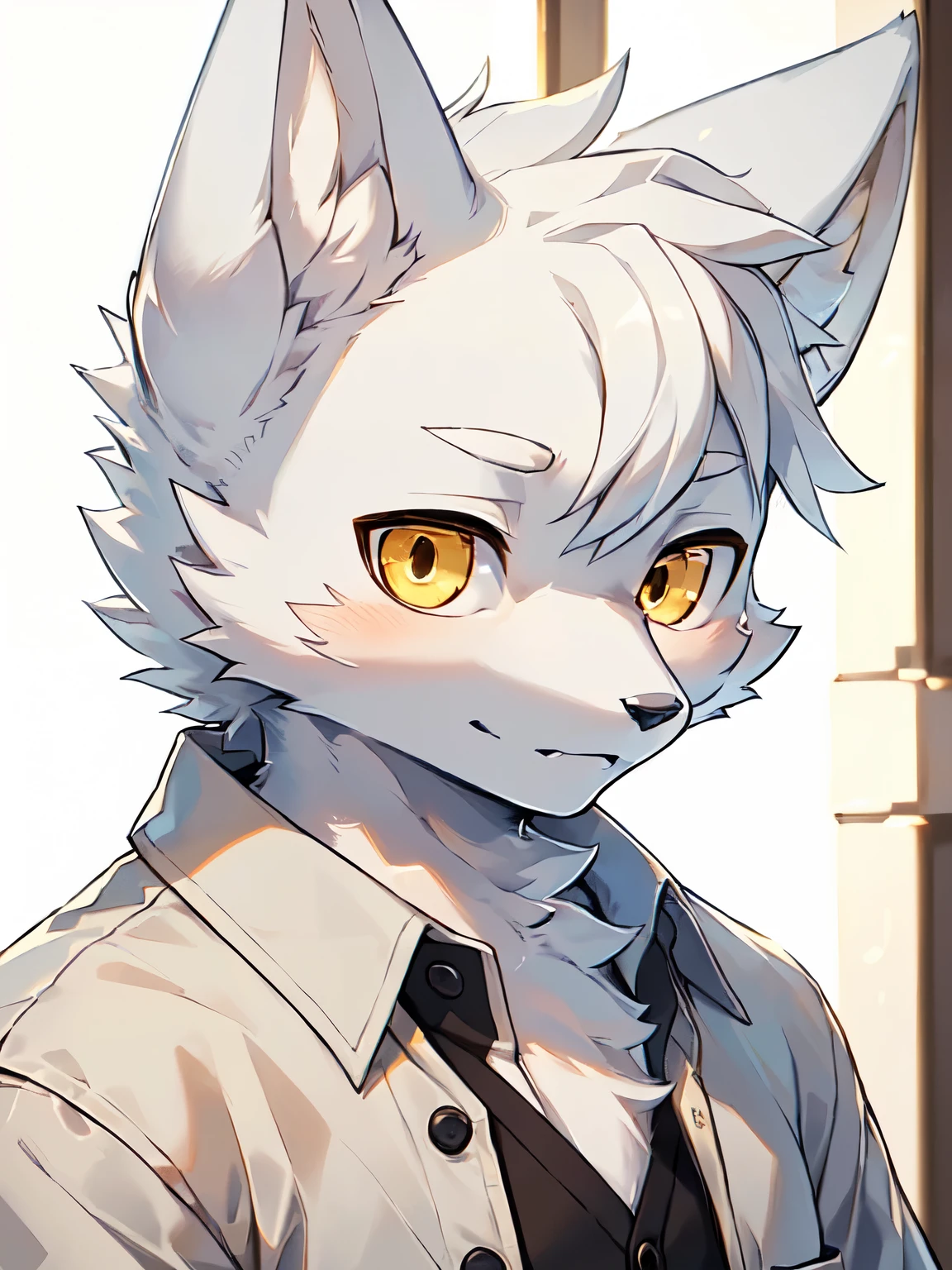 (best picture quality),(masterpiece),(((the only person))),(Super detailed),(male arctic fox:1.5), (white skin:1.3), hairy,(white fur:1.3),((golden pupils)) ,(gray ears),(hairy 动物 耳朵s),((collared shirt)),natural lighting,Detailed face,Detailed clothes,upper part of body,front view