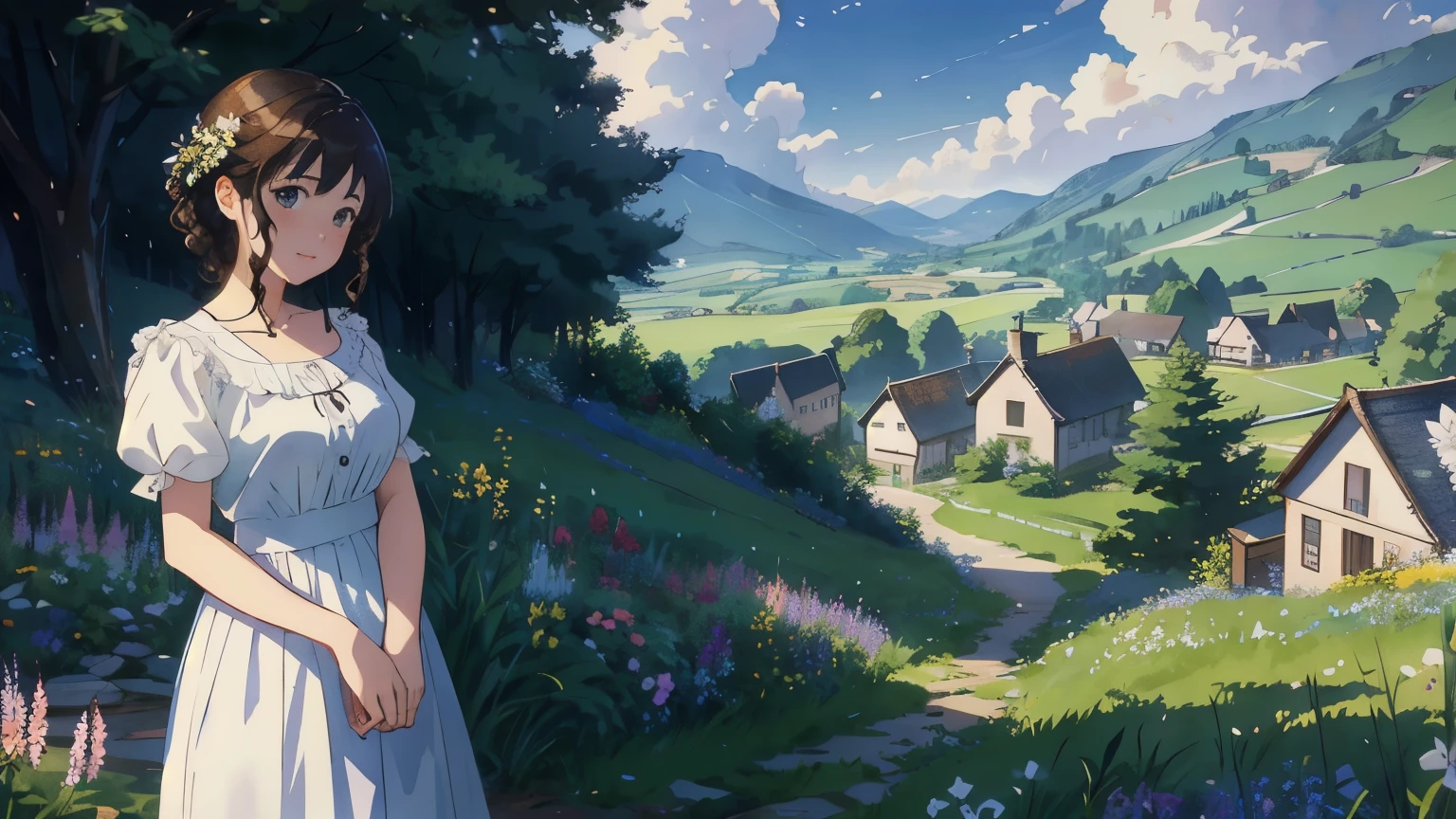 (highest quality、masterpiece、High resolution)、(Sargent style watercolor)、(anime art)、soft light、Views of the Cotswolds、old farmhouse、flowers bloom、((three women、everyone is standing))、(Detailed depiction of a beautiful face)、smile gently、medium short hair、dark brown hair、braided hair、White blouse and long skirt、picnic、cinematic light、soft sunlight、lake、Beautiful mountain range in the background、blur the background、