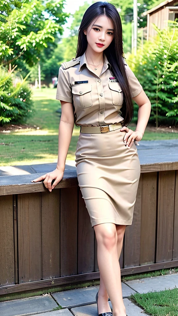 Khaki suit, khaki civil servant, Thai teacher uniform:1.3, Beautiful girl with extra long hair, Two meter long hair, Long hair that catches the eye, long black hair, Her hair is very long., Long, shiny hair, Long, thick, soft hair, Extra long hair, Dynamic posts, like full body, Short sleeve shirtสีกากี, short pencil skirtสีกากี, side cut, Decorated with military insignia., black high heels, The sexiest, small waist, hips raised, small thighs, Long legs, big breastsโต, big breasts:1.5, big breast, Very big breasts, Eye-catching breasts, Large breasts pierce the shirt, Not completely covered, big breast, Huge breast, Big tits D, สาวTwo meter long hair, Beautiful face, red lips, Very shiny, แต่งBeautiful face, Military rank insignia, short pencil skirt, tight, Short sleeve shirt, tight fitting, in the background, blurred garden. ultra short skirt, , Focus on short skirts, standing mannequin, walk, straight face, Open the top button., Standing in front of the flagpole, respect the national flag, Flag of Thailand