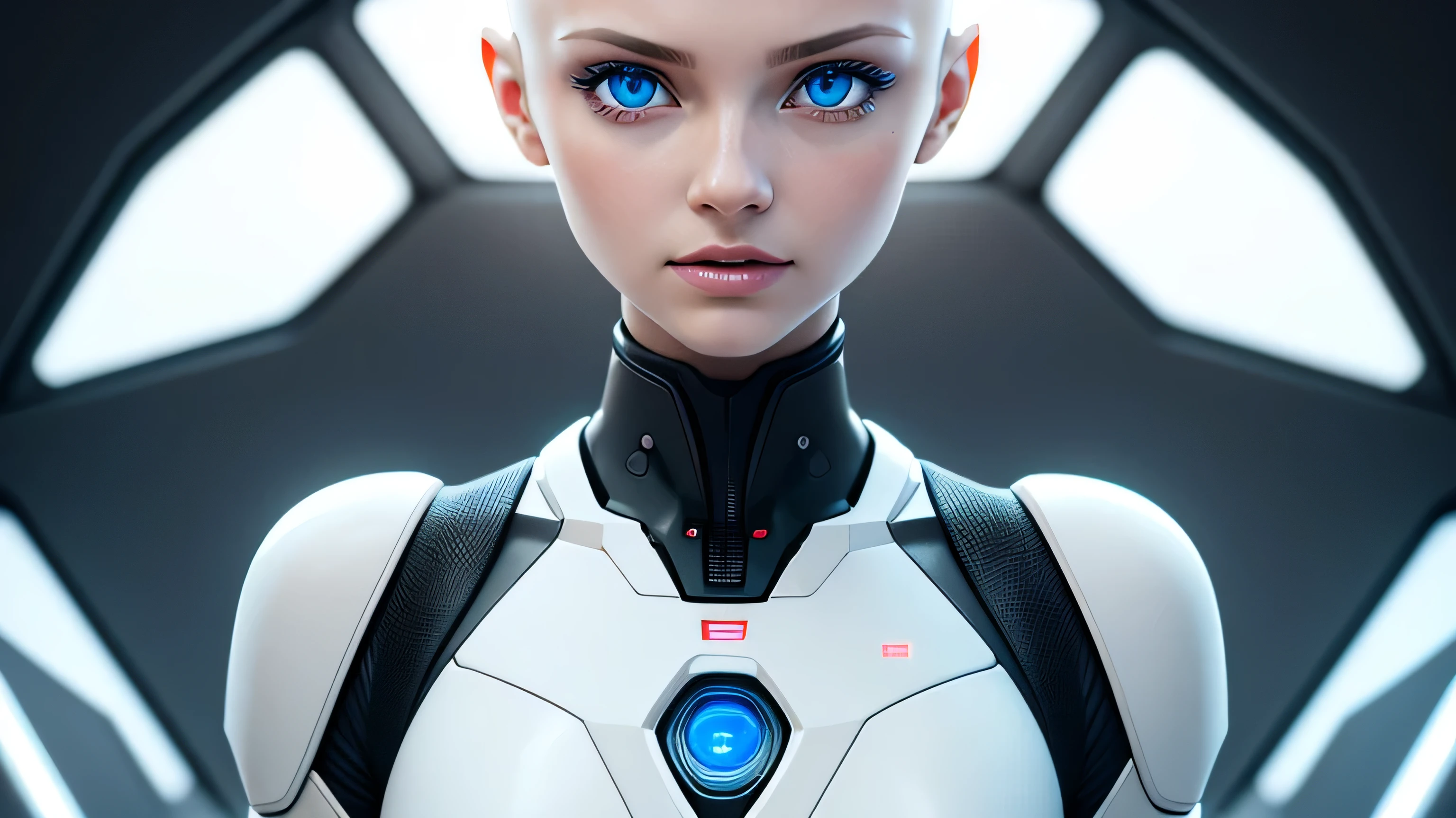 Futuristic android made of white polymer. Gynoid, pastel shades, neoteka, smooth, a photo of a beautiful (Sweet Linda) (The fembot), ((bald)) (Plastic white android head) (perfect teeth), with blue eyes (upper body) (RAW photo), (highly detailed skin:0.8), ray tracing, hyperrealistic, dramatic, 8k UHD, SLR camera, Soft lighting, high quality, granularity, Fujifilm XT3, (RAW photo), (highly detailed skin:0.8)