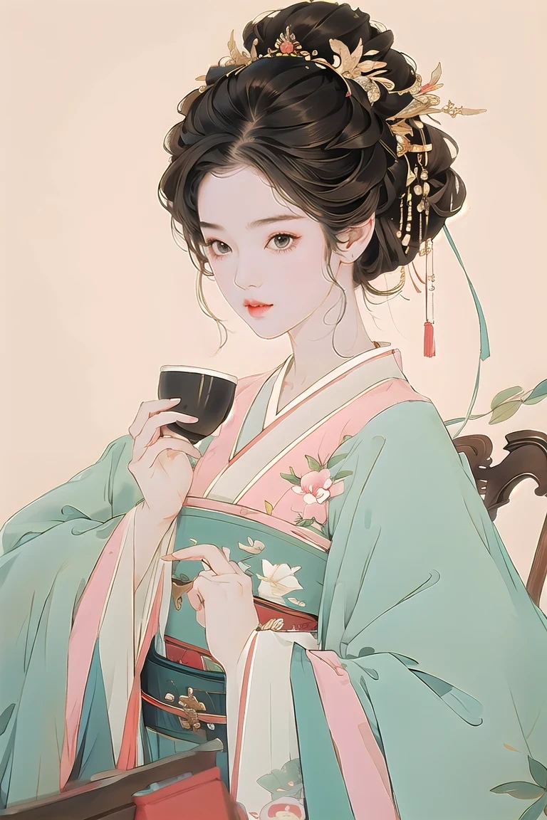 There is a young girl holding a cup of coffee in her hands, girl cute and delicate face, Cute and natural anime face, Has a cute and delicate face, Chen Sumi, Chiho, Yoshitomo Nara, young cute face, Beautiful Japanese girl face, brown hair and big eyes, Cute kawaii girl, beautiful bright big eyes