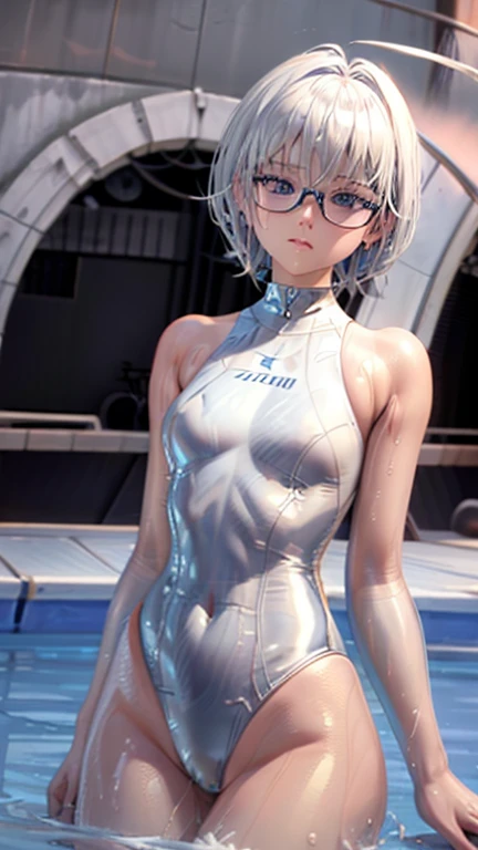 best image quality、8K、UHD、pieces fly、cute eyes、silver hair、Glasses、Latex high neck swimsuit、Latex high neck school swimsuit、short hair、短髪のsilver hair美女、wet skin、