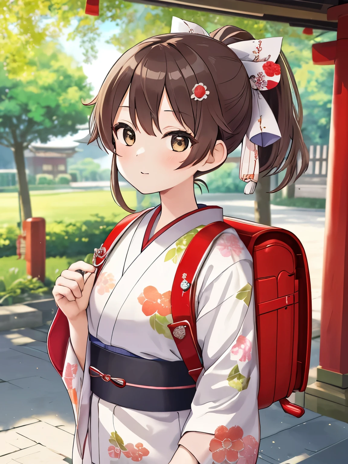 Masterpiecd, hd, , Portrait, Best Quality, High resolution, 1girl, brown hair, ponytail, hair ornaments, hair ribbon, carrying a school backpack、(school backpack:1.1), Wearing a Japanese kimono at a summer festival at a shrine, outdoor, standing