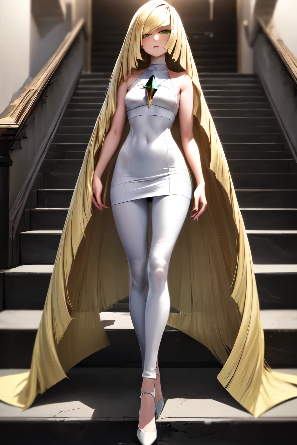 ((best quality)), ((highly detailed)), masterpiece, absurdres, (detailed eyes, deep eyes), (1girl), full body shot, Lusamine, blondde hair, ((absurdly long hair:1.3)), hair on ground, green eyes, medium breasts, (white dress), sleeveless dress, green gemstone, white leggings, high heels, white footwear, (indoors, on a stairway), 