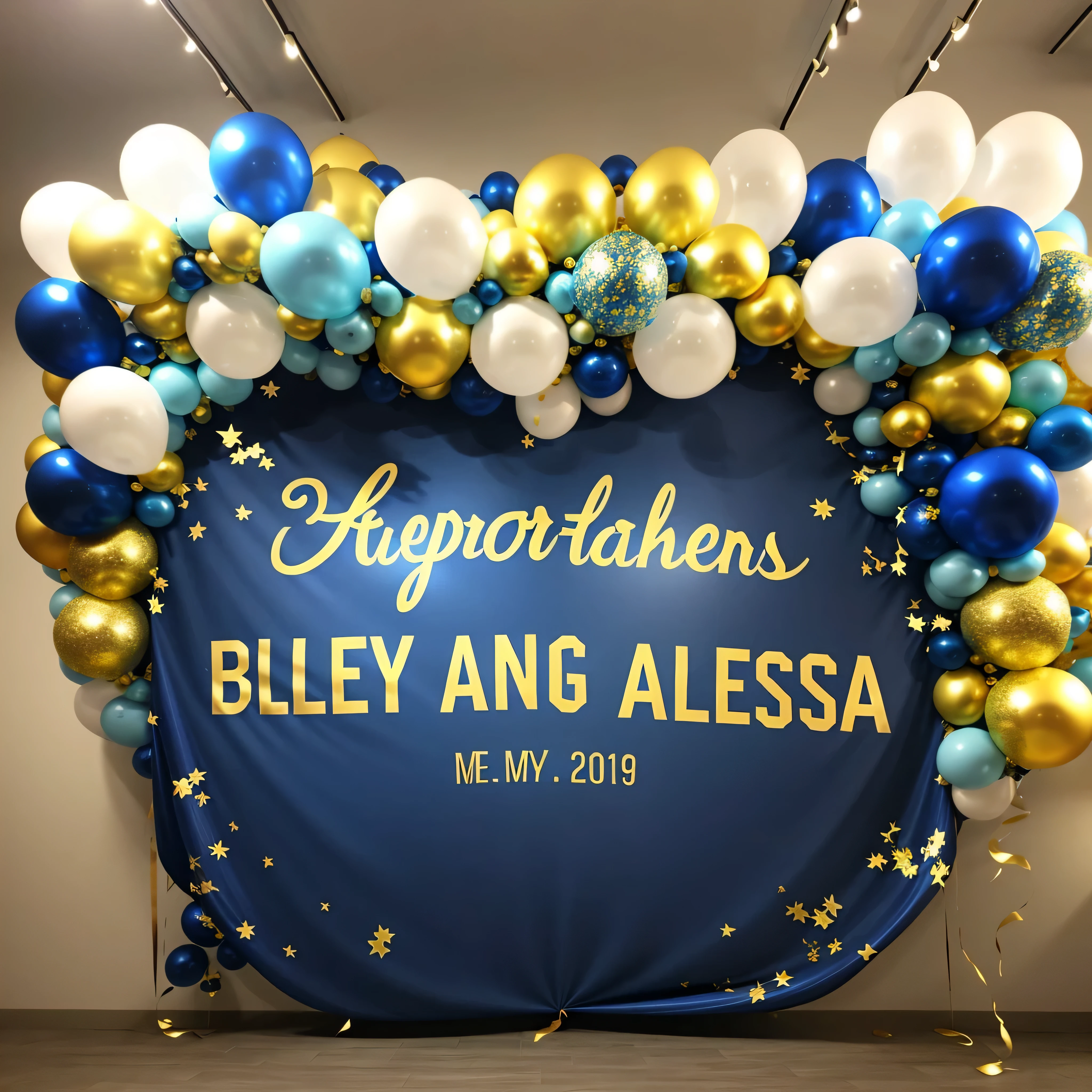 Banner with balloons and confetti close up, blue and gold color scheme, blue、white and gold, blue and gold, blue background, High decoration, Colors available: gold and dark blue, aubrey, background, blue and theme,  Navy Teal Black and Gold, cinematic blue and gold, tyler, blue theme and embellishment, author：Catherine Allen