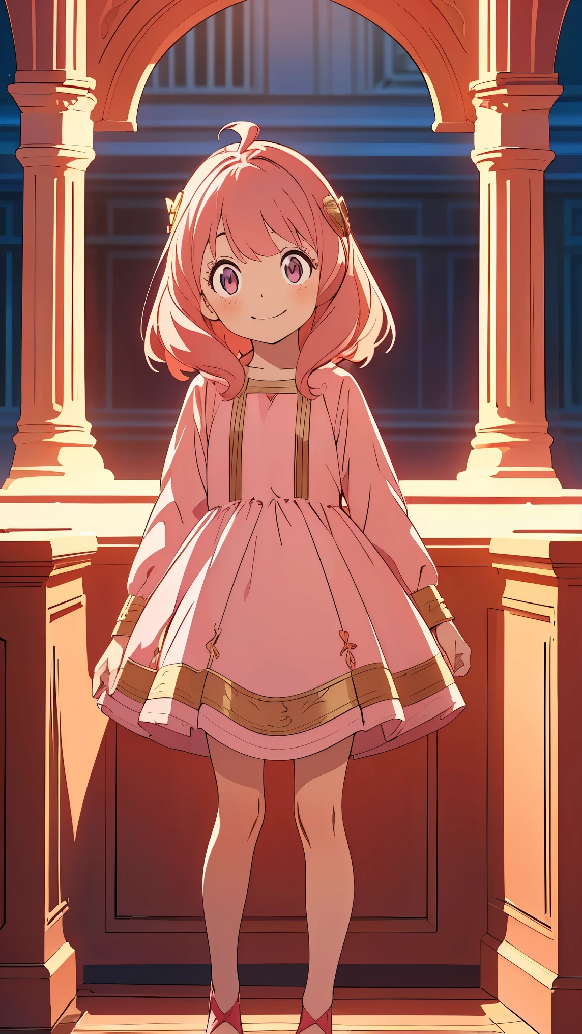 (Kid girl1,Anya forger1),(pink hair,pink eyes,smile),(short red princess Dress,Gold embellished dress),full body,highly detailed CG, unit, 8K wallpapers, highest quality, high resolution, beautiful lighting, realistic shadow,(detailed face Highly,detailed eyes Highly,detailed hair)