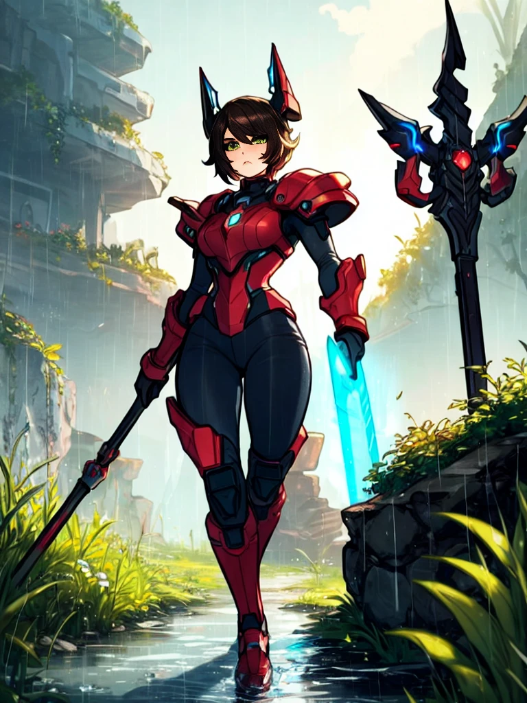 a full body cartoon of a mature human woman in a red armored biker suit, green eyes, brown hair,  extremely stylized, masterpiece, highly detailed, detailed eyes, expressive detailed eyes, detailed pupils, super textured detailed skin,
exploration on the raining surface organic alien world, alien planet surface, inspired by talon IV surface of Metroid prime, rain, mountain, storm, thunder,  intricate environment - n 9, overgrown with nature, bioorganic nature, lush alien landscape, inside an alien jungle, scenery, fantasy, flower, tree, nature, outdoors, water, downpour, cloudy sky, forest, grass, rock, standing, solo, moss, light_particles, staff, plant, flower, ruin of civilization alien, ruin of old civilization, a vestige alien structure in background, inspired by super Metroid illustration, full body zenkai!,, 80's movie style, alien, science fiction,