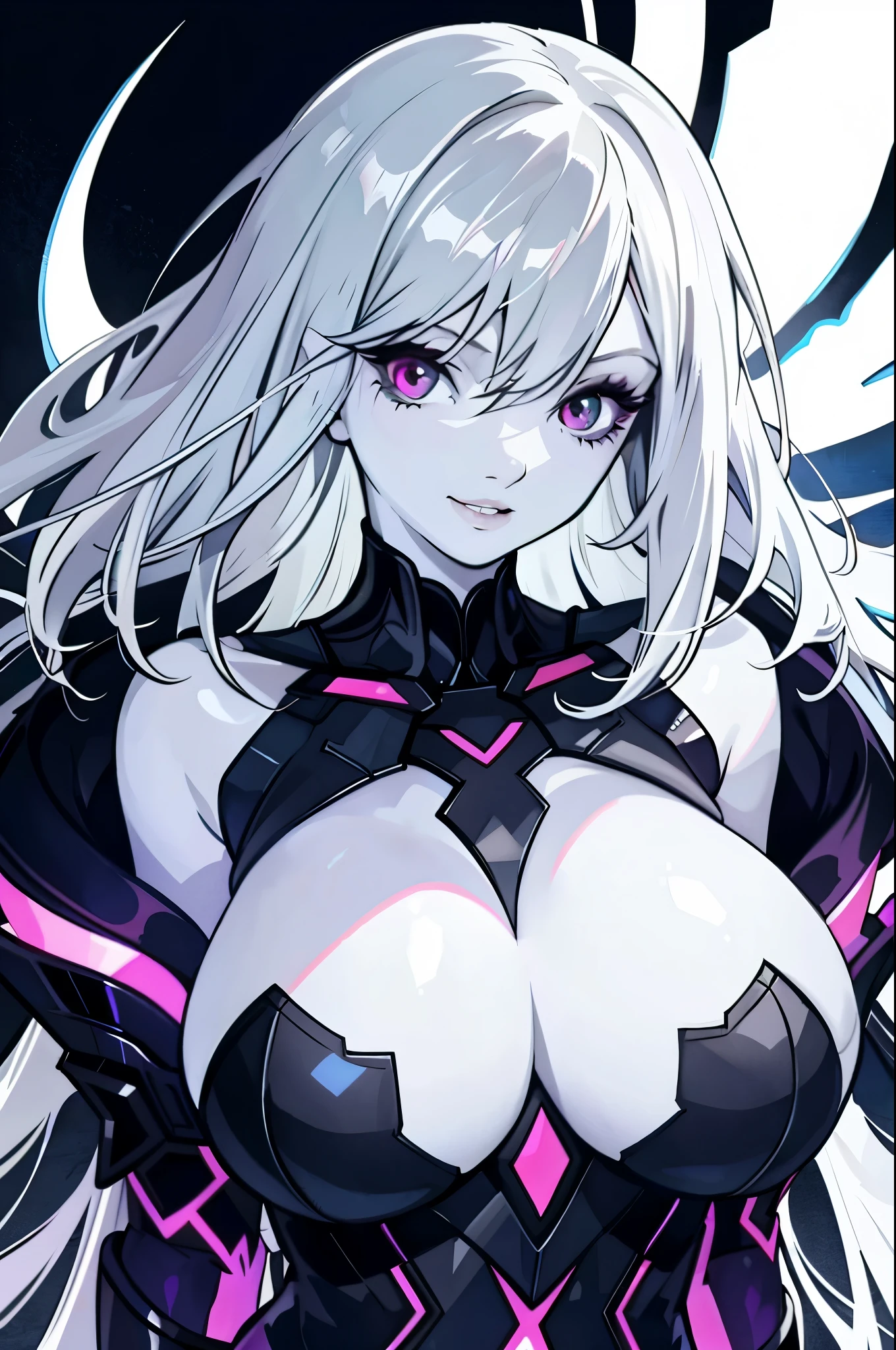 One girl, (Best Quality), ((pale skin)))), (Huge breasts)), Gray hair, Ultra detailed skin, High resolution, super detailed, Vulgar, Afterglow,(Dark Persona),Smirk,
