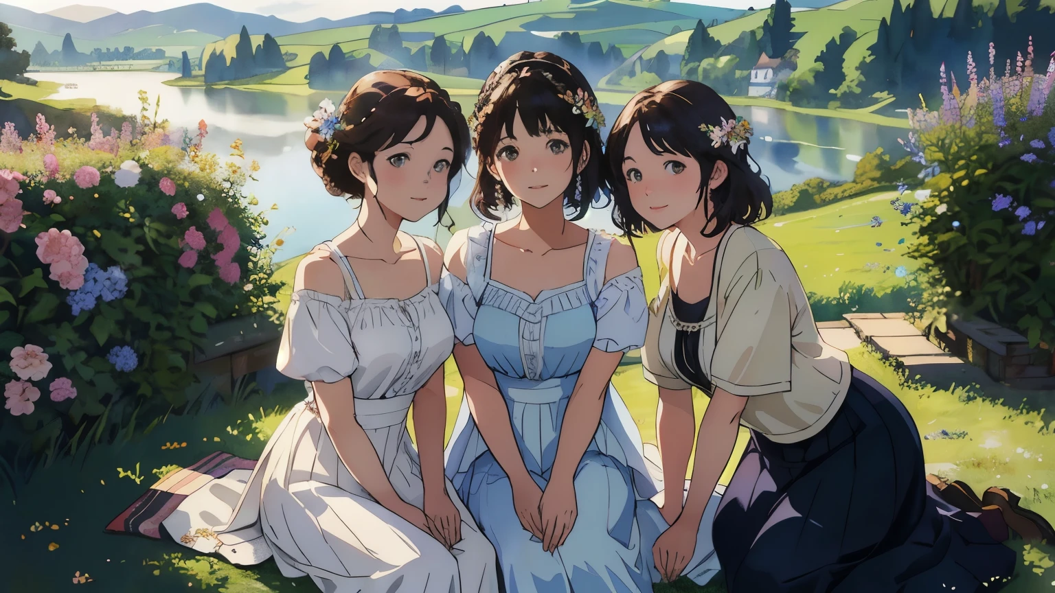 (highest quality、masterpiece、High resolution)、(Sargent style watercolor)、(anime art)、soft light、Views of the Cotswolds、old farmhouse、flowers bloom、((three women、everyone is standing))、(Detailed depiction of a beautiful face)、smile gently、medium short hair、dark brown hair、braided hair、White blouse and long skirt、picnic、cinematic light、soft sunlight、lake、Beautiful mountain range in the background、blur the background、 