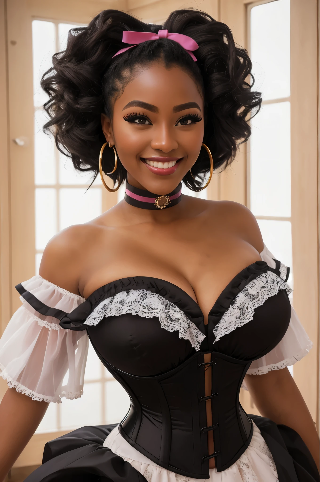 hyper-realistic, detailed portrait, 1 girl, leaning forward, bending over at the waist, 18 years old, eye contact, beautiful ebony concubine, dark skin!!!, gorgeous pirate wife, harem girl, glamour pin-up model, curvy african girl, facing viewer, eye contact, lewd expression, excited smile, intense glam makeup, (fake eyelashes), plump pink glossy lips, buxom, plump full breasts, breasts covered, sfw, cleavage, skinny waist, well-defined waistline, wearing 15th century corset with lace trim, puffy white sleeves, off the shoulder dress, wearing ribbon choker, ribbons in hair, huge hoop earrings, very sexy smile, submissive, eager