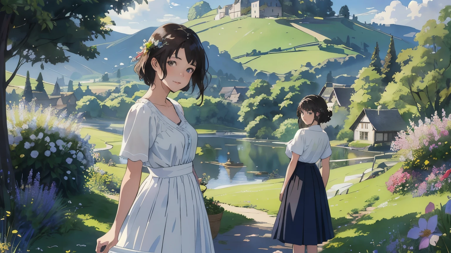 (highest quality、masterpiece、High resolution)、(Sargent style watercolor)、(anime art)、soft light、Views of the Cotswolds、old farmhouse、flowers bloom、((three women、everyone is standing))、(Detailed depiction of a beautiful face)、smile gently、medium short hair、dark brown hair、braided hair、White blouse and long skirt、picnic、cinematic light、soft sunlight、lake、Beautiful mountain range in the background、blur the background、