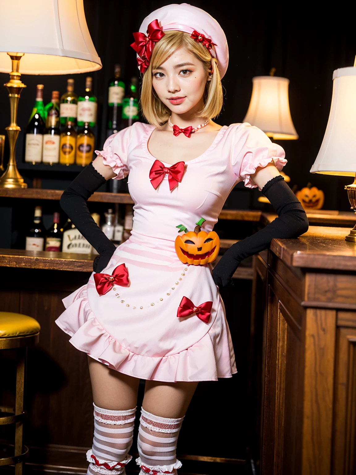 (1 lady), The beautiful, (Best quality at best:1.4), (ultra - detailed), (extremely detailed CG unified 16k), gold blonde hair, very detailed, High-definition RAW color photo, professional photoshooting, amazing face and eyes, cosmetics, (amazingly beautiful girl), ((lambdadelta)), ((dress, shoes bow, red shoes, striped stockings, red bow, pink hat, necklace, gloves, pearl, pumpkin brooch, pink dress)), standing, sexyposture,(Dark and stylish bar, drinks, lamp lights, lamp lights:1.3), (look from down), realistic cinematic face, head to feet long wide zoomed out view, full body long view, photorealistic, ((realistic natural blonde hair style, honey eyes)), gorgeous, extremely beautiful face, perfect model beauty, pout mouth, flirting smile, cleavages, city girl, western, shopping in the city, (masterpiece), best quality, high resolution, extremely detailed, blurred background, depth of field, cinematic lighting, amazing legs, high heels, clear and well-cared skin