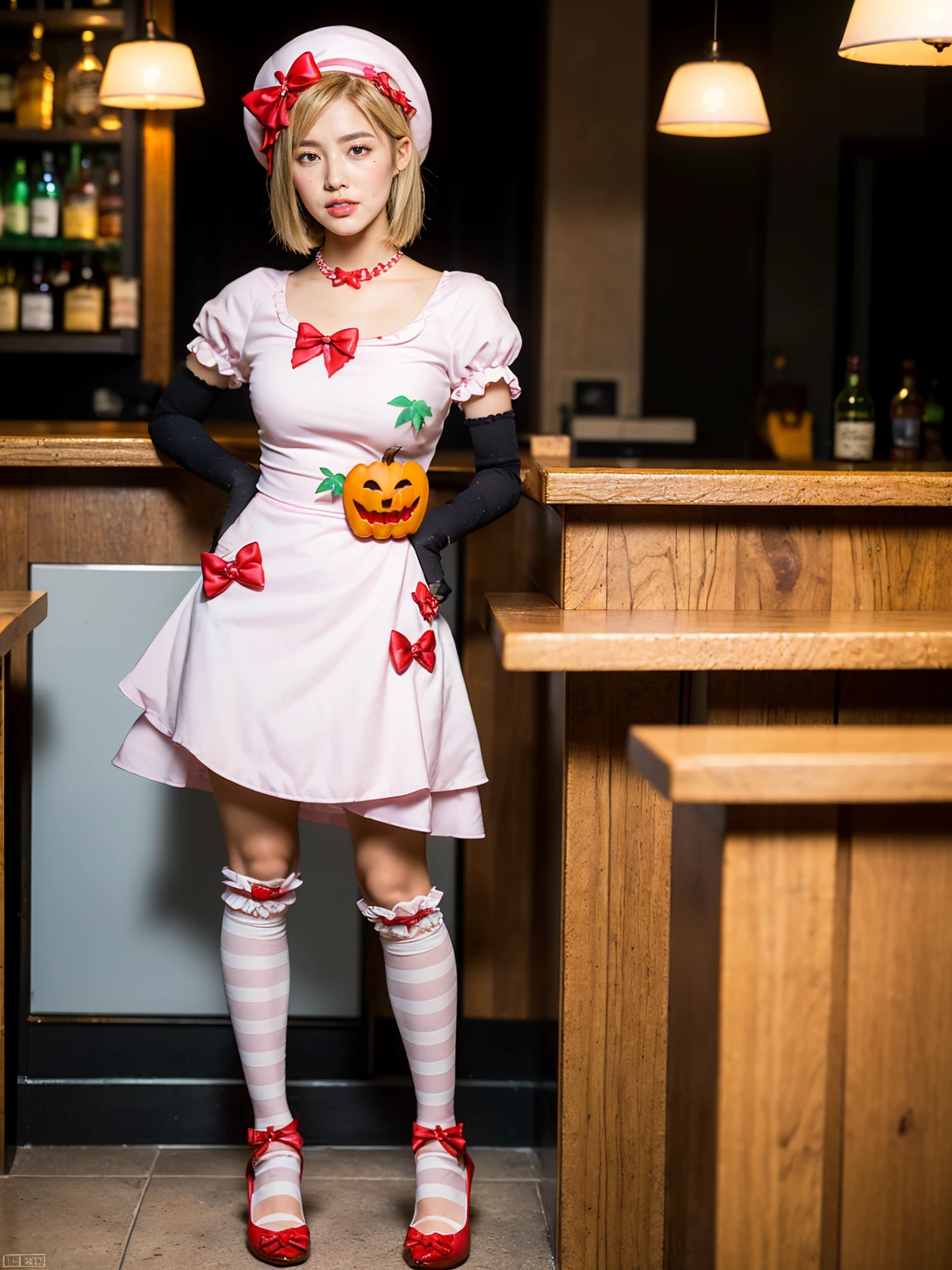(1 lady), The beautiful, (Best quality at best:1.4), (ultra - detailed), (extremely detailed CG unified 16k), gold blonde hair, very detailed, High-definition RAW color photo, professional photoshooting, amazing face and eyes, cosmetics, (amazingly beautiful girl), ((lambdadelta)), ((dress, shoes bow, red shoes, striped stockings, red bow, pink hat, necklace, gloves, pearl, pumpkin brooch, pink dress)), standing, sexyposture,(Dark and stylish bar, drinks, lamp lights, lamp lights:1.3), (look from down), realistic cinematic face, head to feet long wide zoomed out view, full body long view, photorealistic, ((realistic natural blonde hair style, honey eyes)), gorgeous, extremely beautiful face, perfect model beauty, pout mouth, flirting smile, cleavages, city girl, western, shopping in the city, (masterpiece), best quality, high resolution, extremely detailed, blurred background, depth of field, cinematic lighting, amazing legs, high heels, clear and well-cared skin