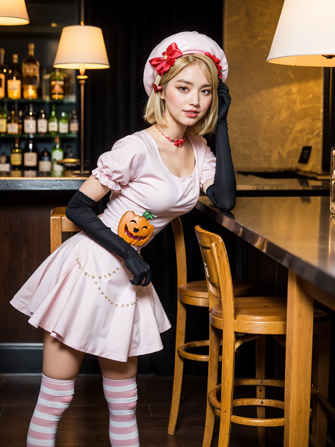 (1 lady), The beautiful, (Best quality at best:1.4), (ultra - detailed), (extremely detailed CG unified 16k), gold blonde hair, very detailed, High-definition RAW color photo, professional photoshooting, amazing face and eyes, cosmetics, (amazingly beautiful girl), ((lambdadelta)), ((dress, shoes bow, red shoes, striped stockings, red bow, pink hat, necklace, gloves, pearl, pumpkin brooch, pink dress)), standing, sexyposture,(Dark and stylish bar, drinks, lamp lights, lamp lights:1.3), (look from down), realistic cinematic face, head to feet long wide zoomed out view, full body long view, photorealistic, ((realistic natural blonde hair style, honey eyes)), gorgeous, extremely beautiful face, perfect model beauty, pout mouth, flirting smile, cleavages, city girl, western, shopping in the city, (masterpiece), best quality, high resolution, extremely detailed, blurred background, depth of field, cinematic lighting, amazing legs, high heels, clear and well-cared skin