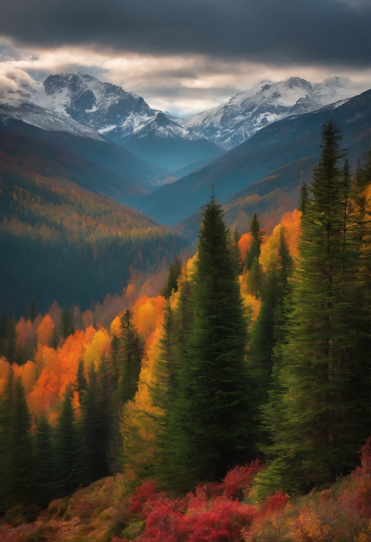 Pine trees between mountains 