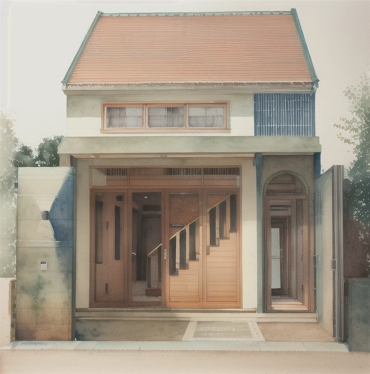 miaobishenghua , architecture building, house, trees, watercolor style