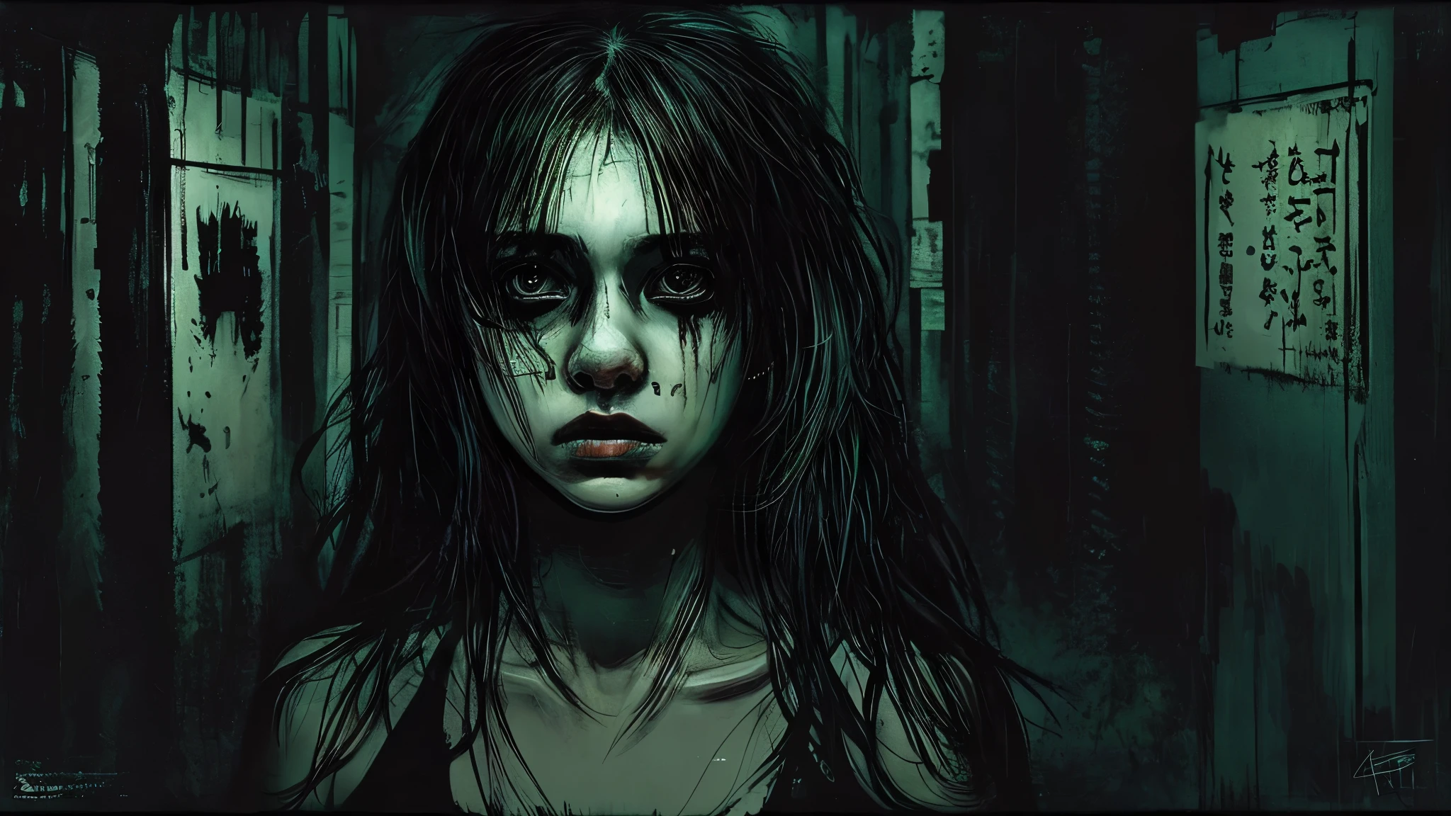 Japan,The medium is a realistic portrait painting with a touch of creepy darkness. The scene is illuminated by a late-night, eerie glow, with shadows that create an abyss-like atmosphere. The artwork should exhibit the highest quality with ultra-detailed elements and vivid colors. The girl's expression should exude a sense of fear and insanity, emphasizing the contrasting emotions in the scene.