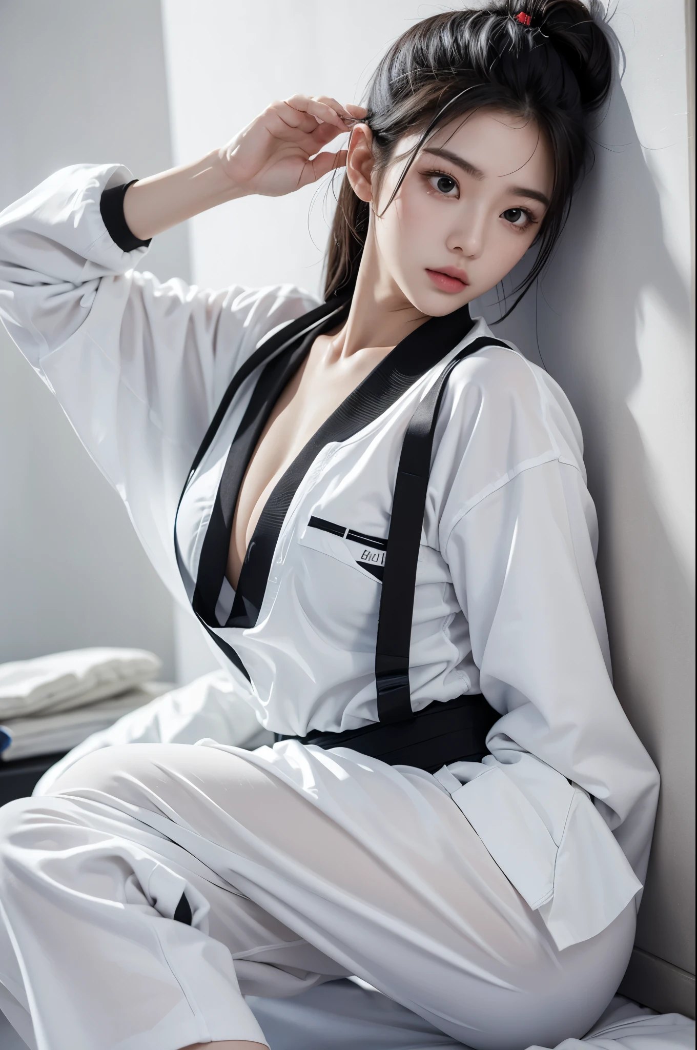 masterpiece, ultra details, best quality, 1 korean taekwondo girl, masterpiece, ultra details, best quality, black long straight hair, wearing sweaty white World Taekwondo Federation dobok uniform with black v-neck, wearing taekwondo blackbelt, wearing white martial arts pants without pockets, large sweaty butt, large breasts, laying on wet hotel bed showing butt, sweat droplets on face, seductive facial expression, blushing