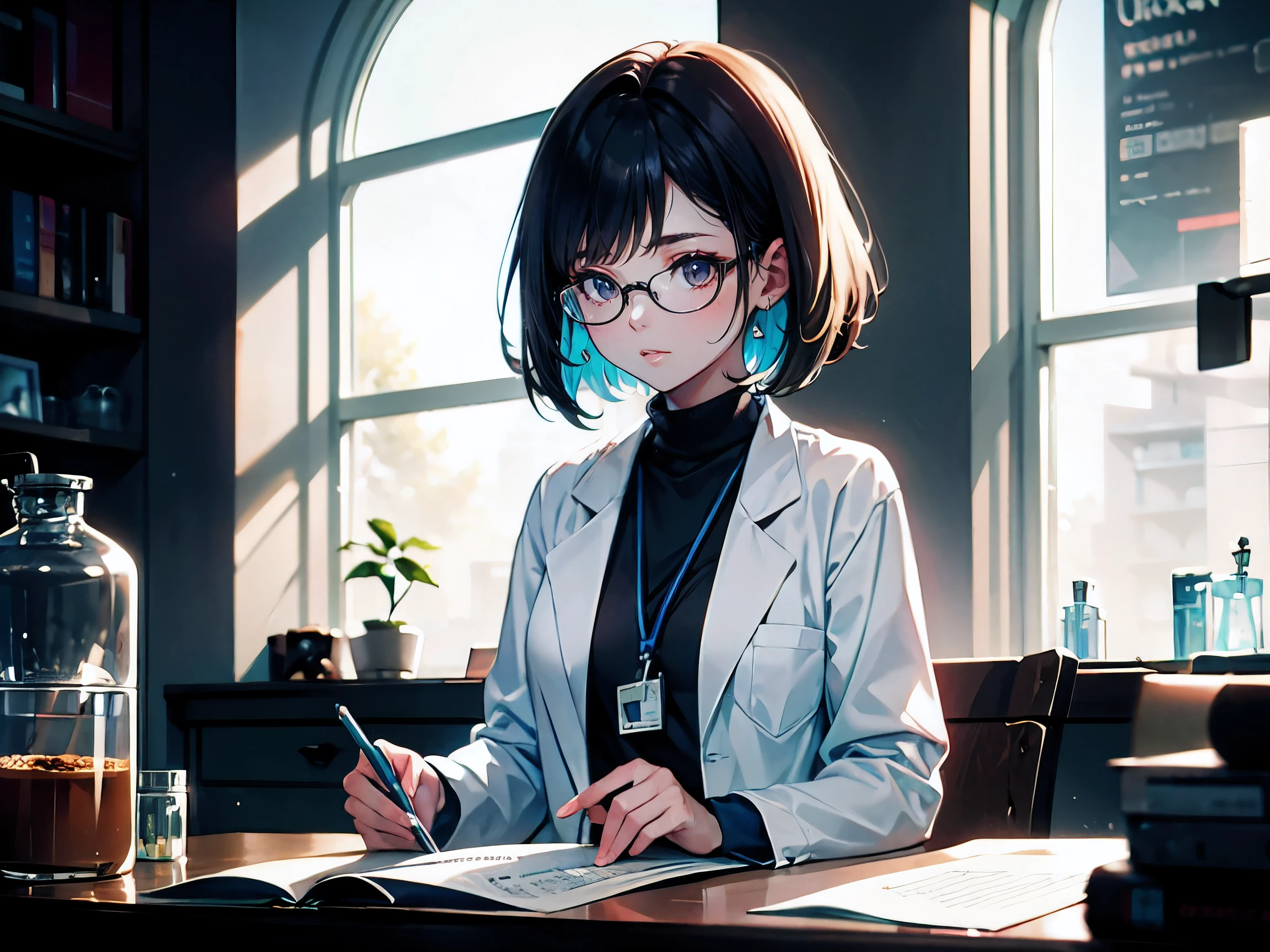 (masterpiece,best quality,ultra-detailed), CG, award winning, ccurate, UHD, textured skin, chromatic aberration, Fujicolor, 1 girl looking at her research paper with coffee in her laboratory, biochemist, small breast, young face, azure ponnytail hair, brown eyes with glasses, wearing white a lab coat, rational character, science fiction, a culture tank emitting light, experiment