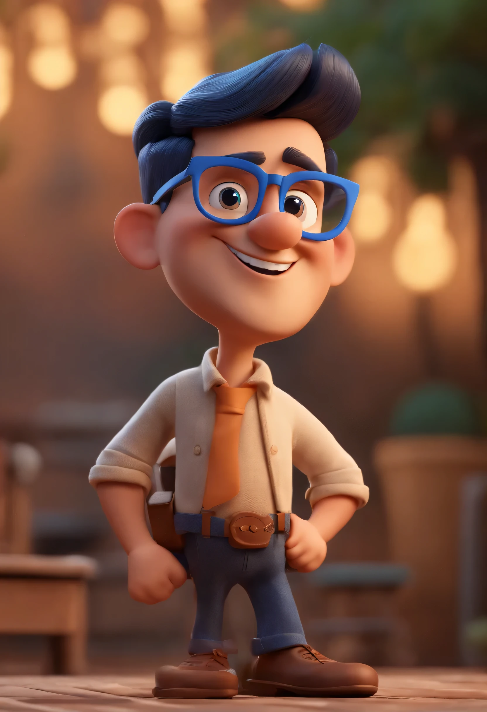 Cartoon character of a man with black glasses and a blue shirt, animation character, Caractere estilizado, animation style rendering, 3D estilizado, Arnold Maya render, 3 d render stylized, toon render keyshot, Personagem 3D, Personagem 3D, 3d rendering stylized, 3 d character render, personagem de desenho animado, Personagem de close up, Pose de personagem, (Estilo Pixar) (master part:1.2) (Bokeh) (best quality) (pele detalhada) (textura detalhada) (8k) (argila) (Cinematic lighting) (sharp focus