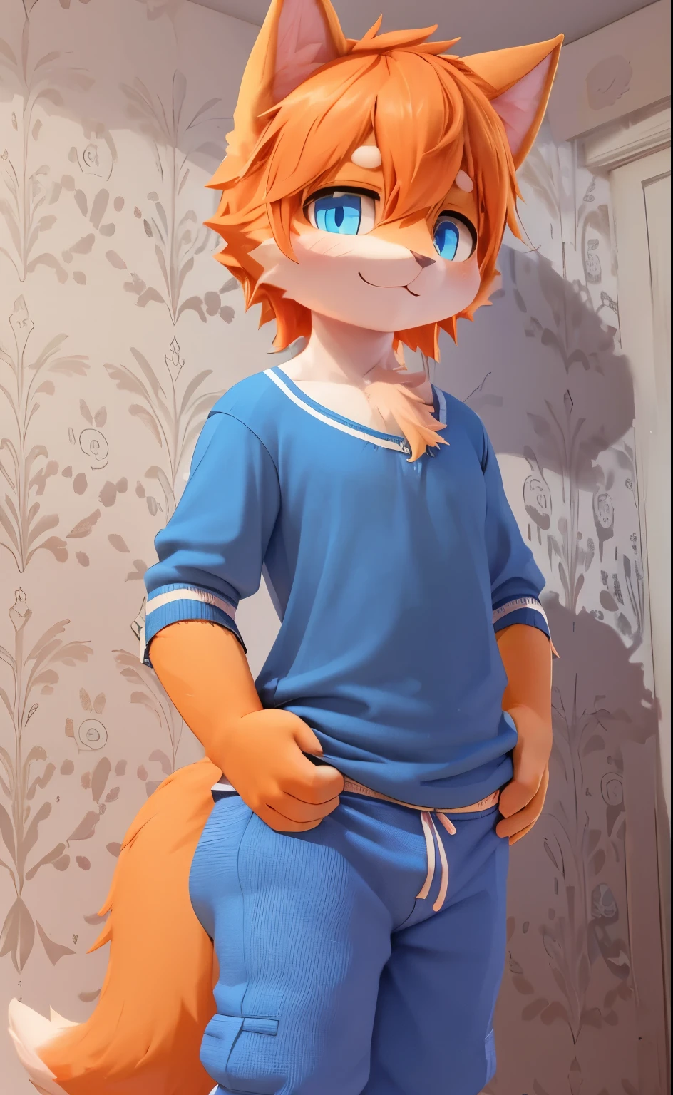 
blue pupils, hairy body, furry tail, Boy Cat，beautiful wallpaper，Very cute，orange hair，P station popular styles，The character&#39;s cute little plush legs，Exquisite real clothes，3D feeling is very strong， The tail is in the correct position，standing posture，Simple background，Put your hands on your waist，look down