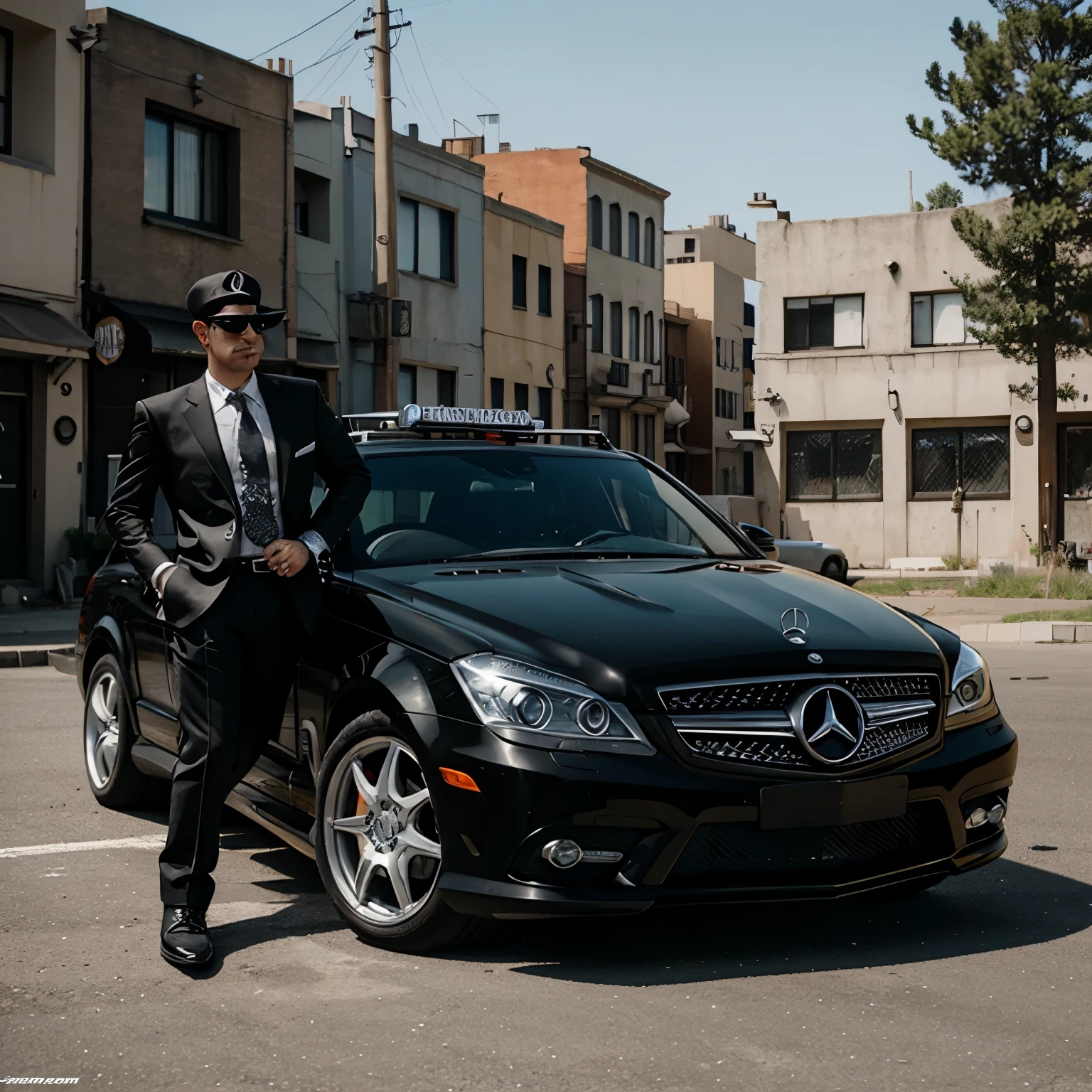 Cartoon Style , Gangster with weapons and outside with a Mercedes and on the license plate it says ello99