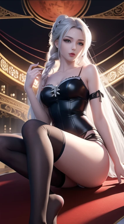 best quality, masterpiece: 1.4), ultra high resolution, actual, front lighting, intricate details, Exquisite details and textures, 1 girl, alone, (young), facial highlight, Upper body, Detailed face, tear nevus, white Skin, silver hair, ponytail, braid, look at the audience, big eyes, Purple Fun Underwear, (hollow pattern, white, silk), Sexy anklet,Black silk suspender pantyhose,Red strappy fish mouth sexy high heels,red collar, , slim figure, VIP room, professional lighting, photon mapping, transmit, Physically based rendering,