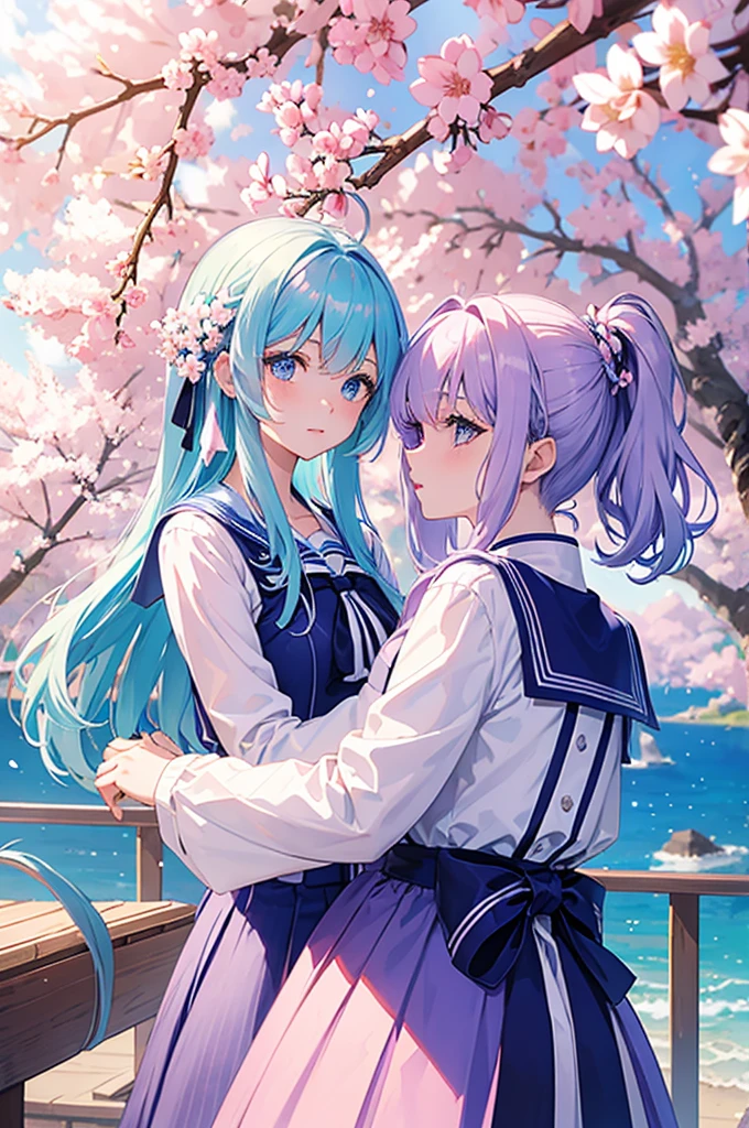 duo A beautiful woman with short silver hair and blue eyes Beautiful woman with pastel purple wavy long hair sailor suit cherry blossoms