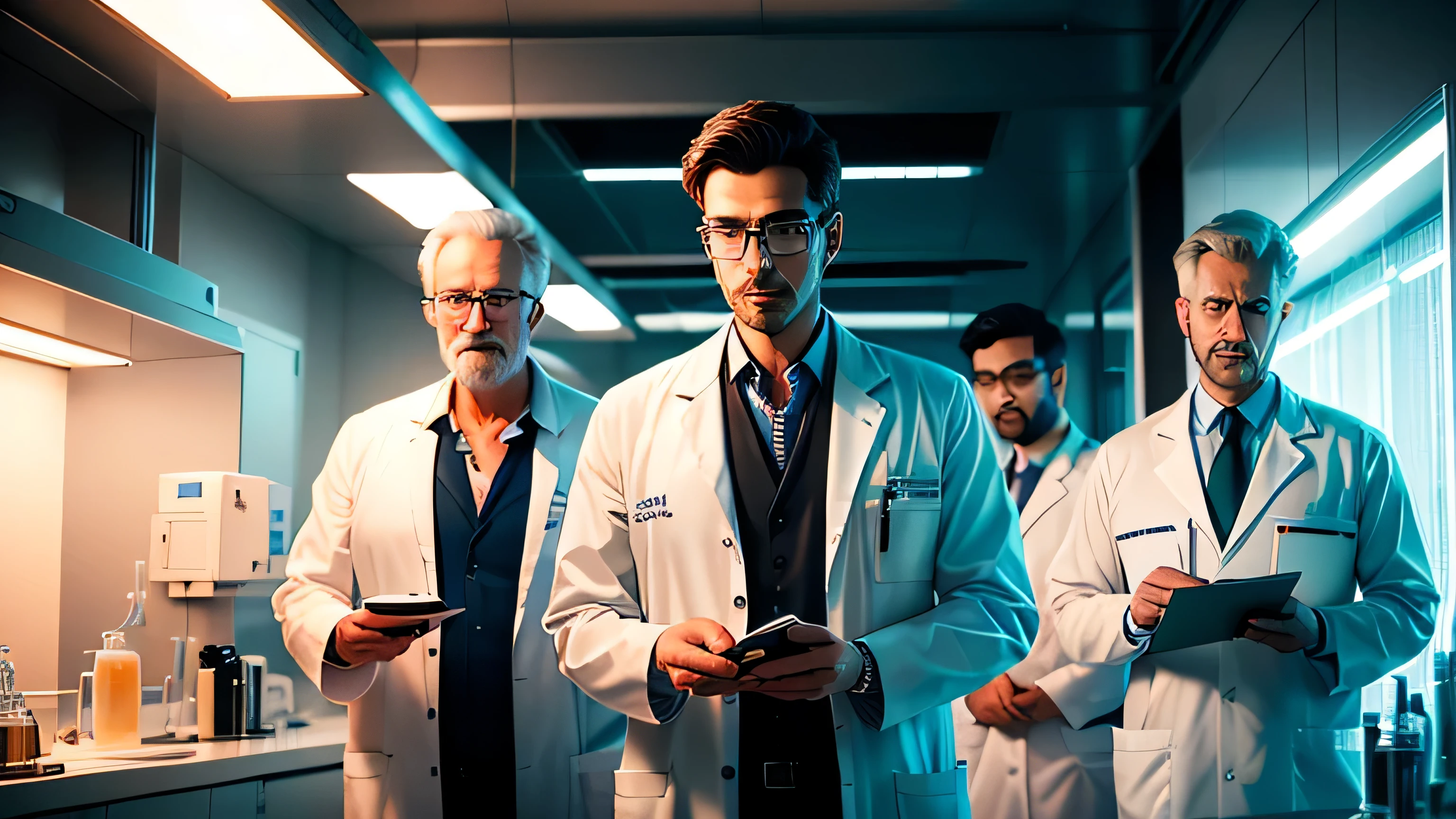 "(best quality, 8K, hyperrealism:1.2), scientists researching in a laboratory, doctors male and assistants, ultra-detailed, realistic portrayal, professional art style, vibrant colors, masterful lighting"